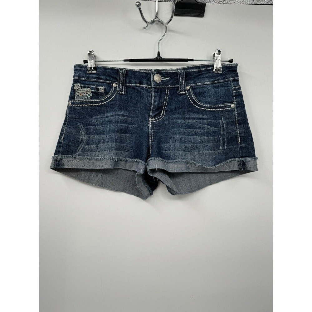 ZCO Jeans 7 Denim Shorts Women Dark Wash Embroidered Low Rise Boho Western